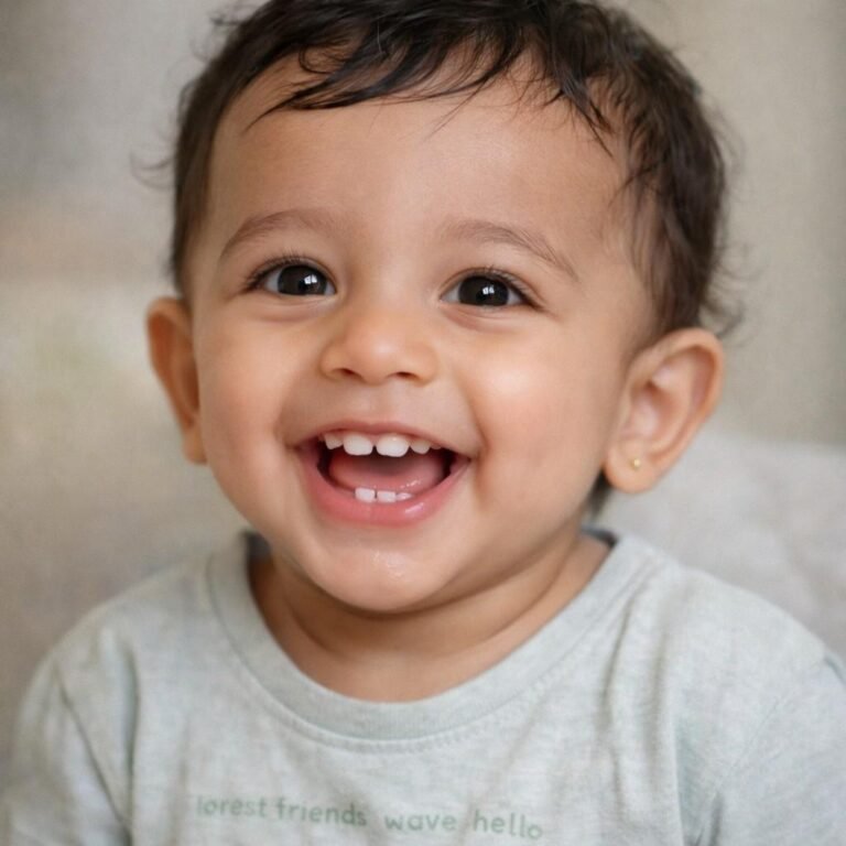 Baby smiling showing two upper central incisor teeth erupted at 9 months