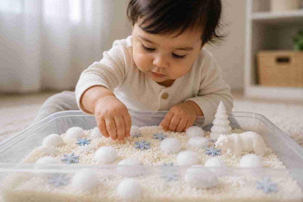 A baby exploring a white rice winter sensory bin with a wooden spoon