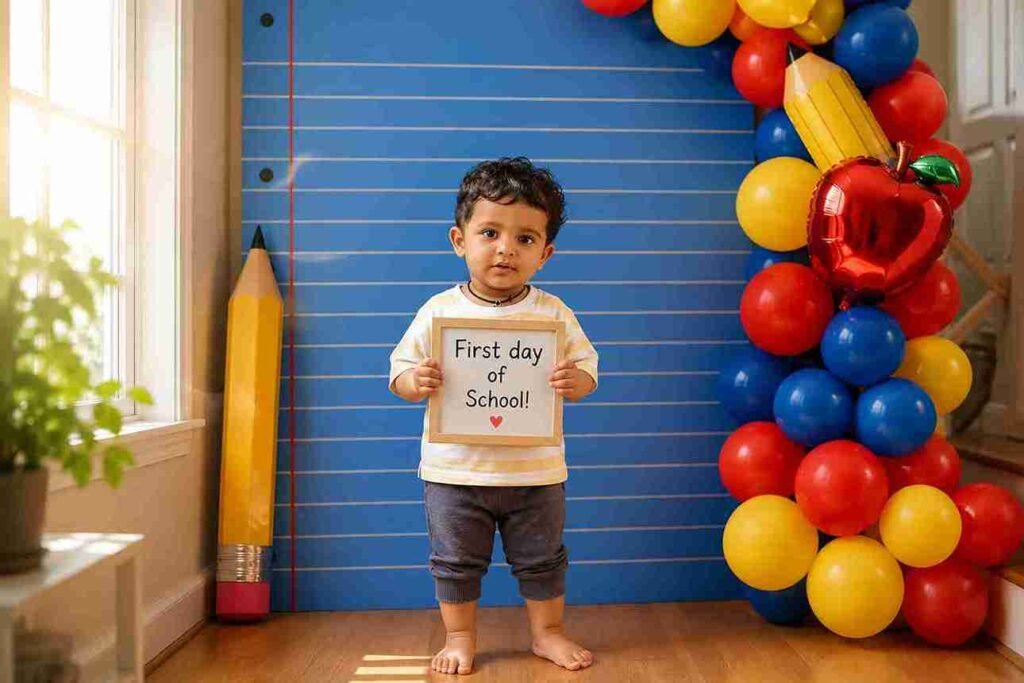 A young child standing in front of a DIY composition notebook backdrop on the first day of school