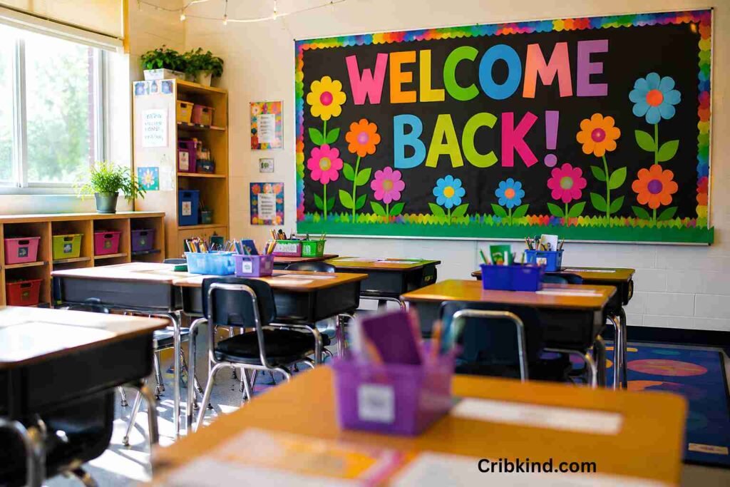 Colorful elementary classroom prepared for the first day of school with a large welcome bulletin board, organized desks, and bright natural sunlight.