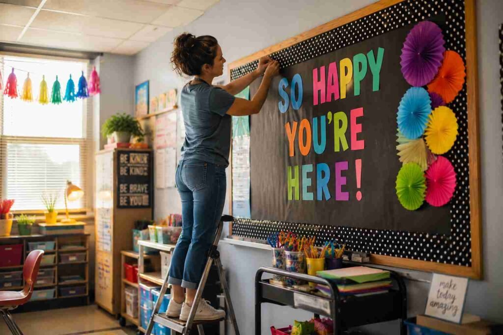Elementary school teacher standing on a step ladder attaching colorful paper letters to a classroom bulletin board before the first day of school.