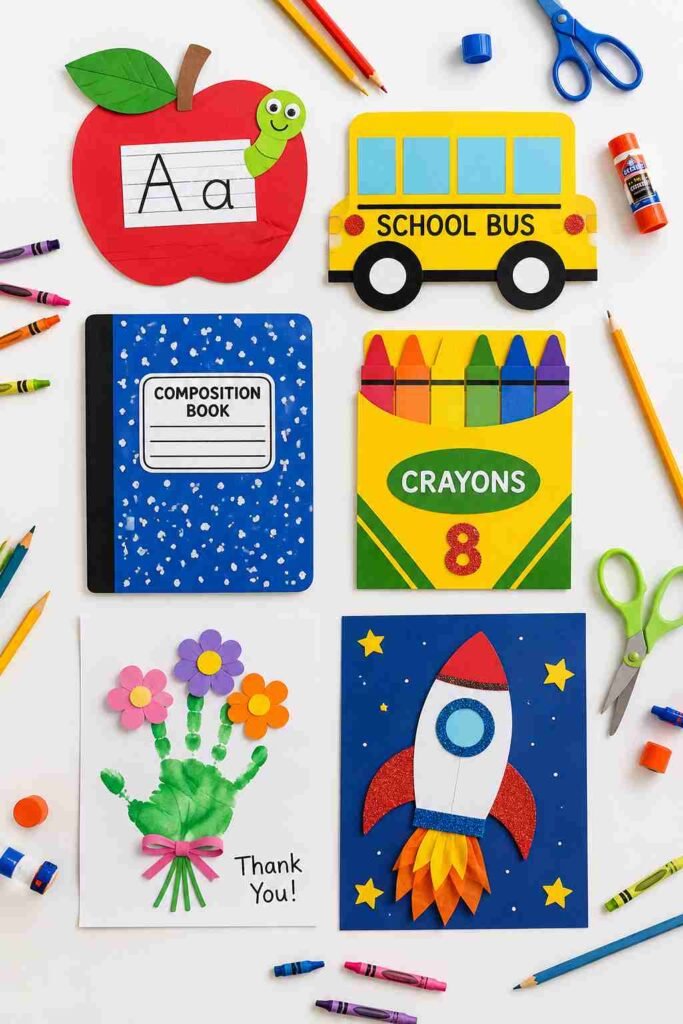 A flat lay of colourful back to school crafts for kids arranged on a white table with pencils crayons and scissors