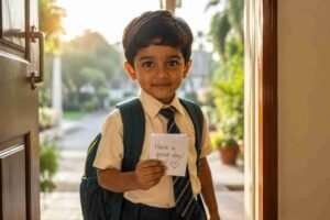 A child in a school uniform holding a backpack on the first day of school with a lunchbox note visible in their hand