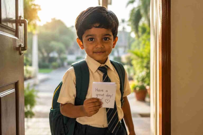 A child in a school uniform holding a backpack on the first day of school with a lunchbox note visible in their hand
