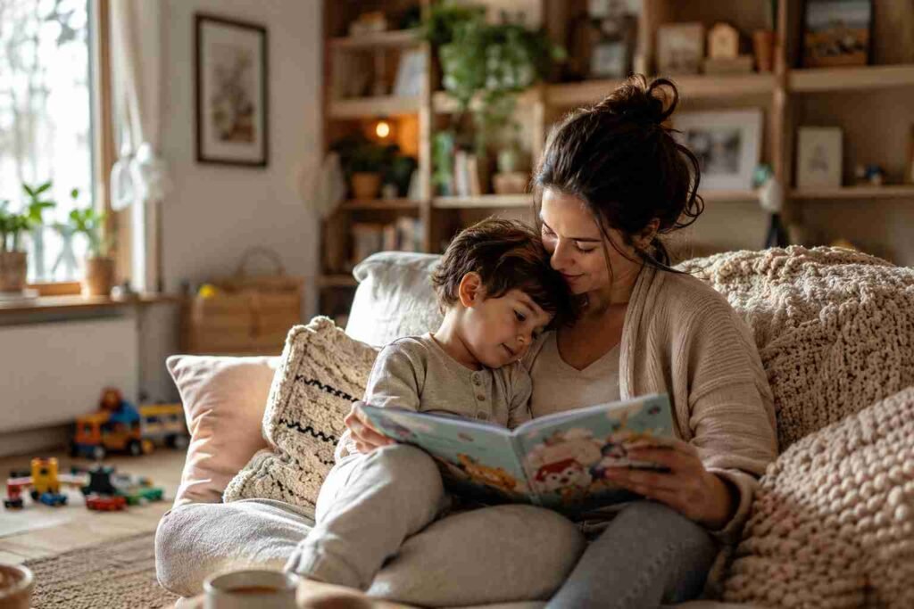 mom reading books with kids