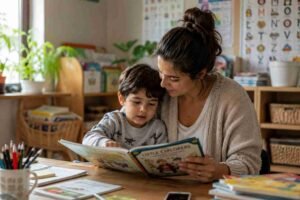 Young mother reading a colorful storybook with her preschool-aged child at a wooden table in a bright classroom, sharing a warm learning moment with natural window light.