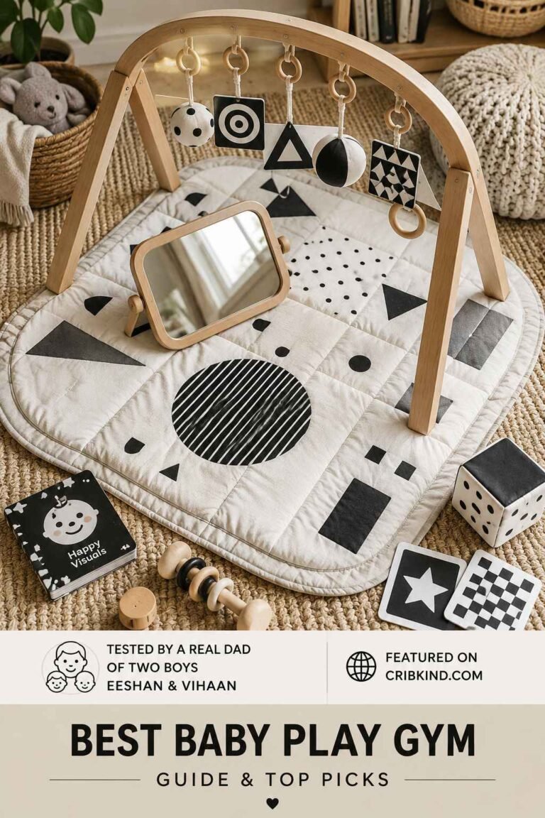 Best baby play gym flat lay showing Lovevery wooden arch play gym with hanging toys and patterned mat on light wood floor