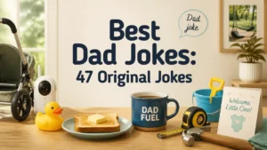 Best dad jokes banner with playful dad-life props including a rubber duck, toast, coffee, tools and baby shower card