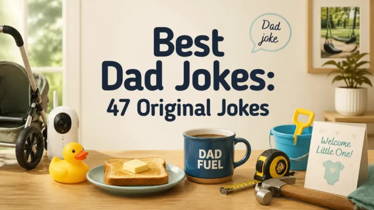 Best dad jokes banner with playful dad-life props including a rubber duck, toast, coffee, tools and baby shower card