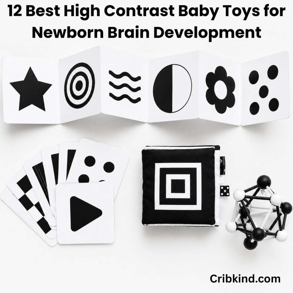 Best high contrast baby toys for newborn brain development laid flat on white background including black and white board book, flash cards, and crinkle book