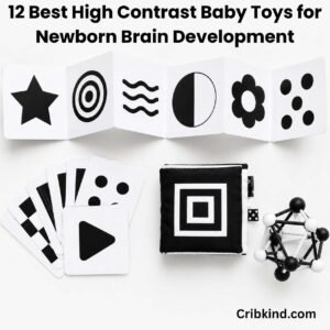 Best high contrast baby toys for newborn brain development laid flat on white background including black and white board book, flash cards, and crinkle book