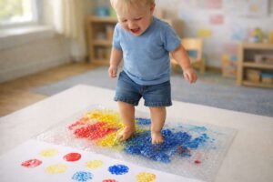 toddler stomping on bubble wrap with washable paint to make polka dot prints easy daycare craft ages 1-3