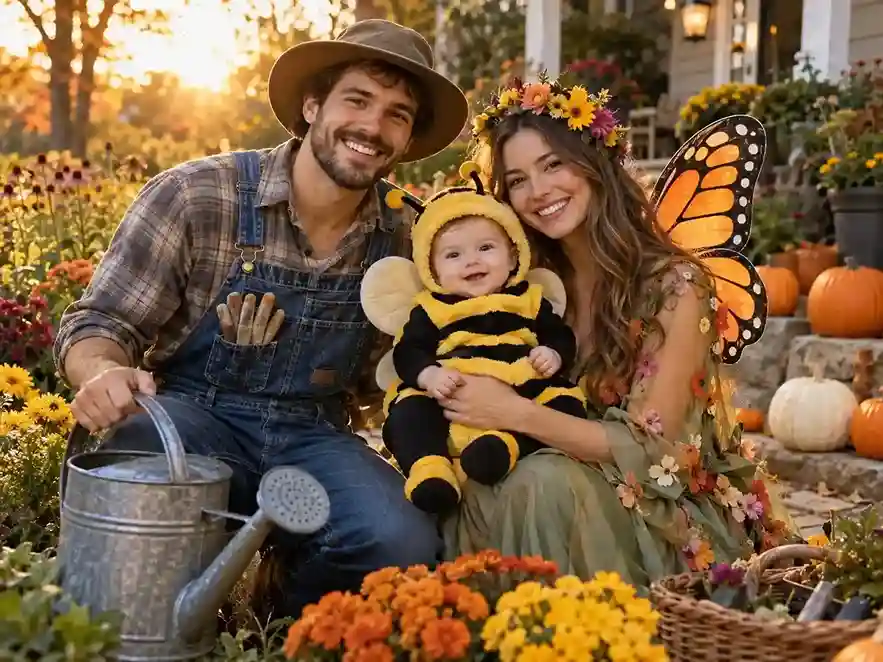 Family Halloween costume with a gardener parent, a butterfly-themed parent, and a baby in a soft bee costume in a fall garden.