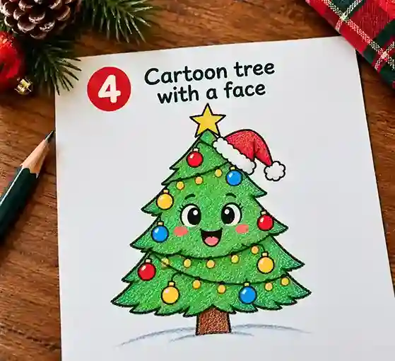 Cute cartoon Christmas tree drawing with a smiling face, rosy cheeks, Santa hat, ornaments, lights, and star