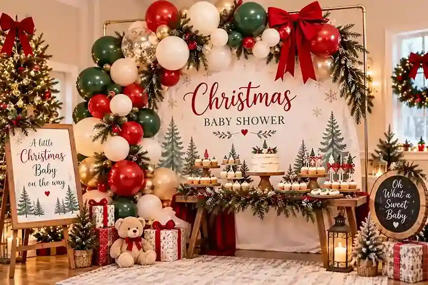 Christmas baby shower balloon backdrop with red, green, cream, and gold balloons, evergreen greenery, bows, gifts, and a festive dessert table.