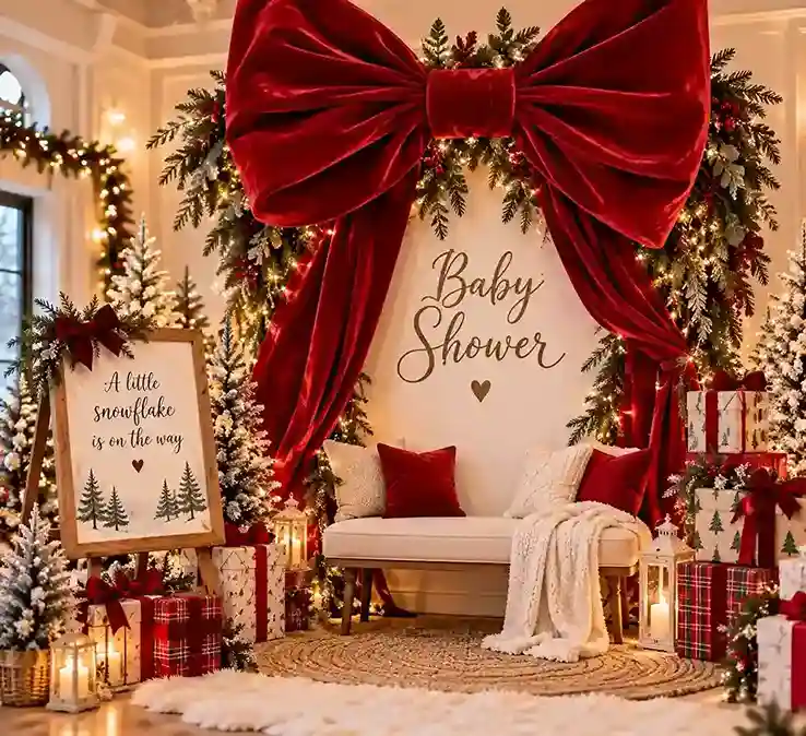 Christmas baby shower photo spot with an oversized red velvet bow, evergreen greenery, warm lights, wrapped gifts, and a cozy bench.