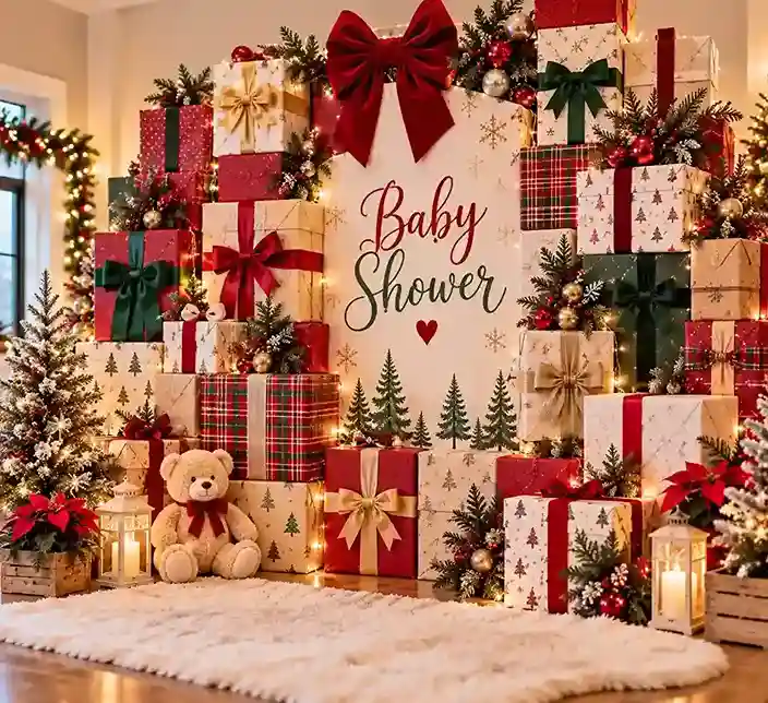Christmas baby shower photo wall with stacked red, green, cream, and plaid gift boxes, evergreen accents, warm lights, and a teddy bear.