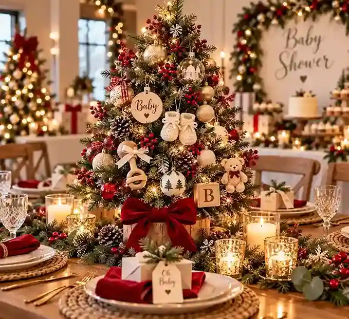 Christmas baby shower table centerpiece with a decorated tree, baby booties, rattle ornaments, red bows, candles, and holiday greenery.