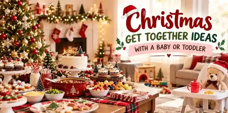 Christmas get together with a decorated tree, festive food table, high chair, toddler toys, gifts, and cozy family-friendly holiday decor.