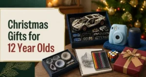Christmas gifts for 12 year olds with a building kit, instant camera, art supplies, puzzle, speaker and science gift in a festive holiday setting