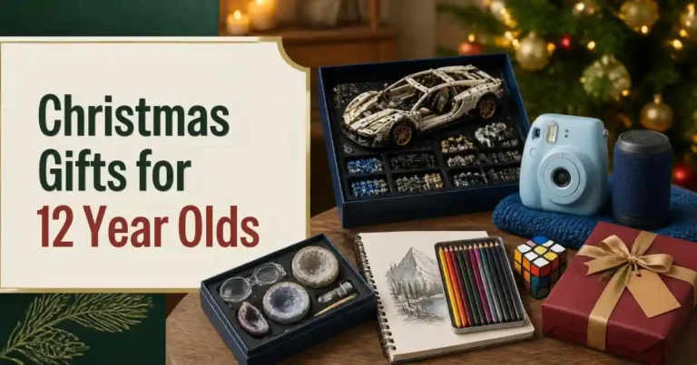 Christmas gifts for 12 year olds with a building kit, instant camera, art supplies, puzzle, speaker and science gift in a festive holiday setting