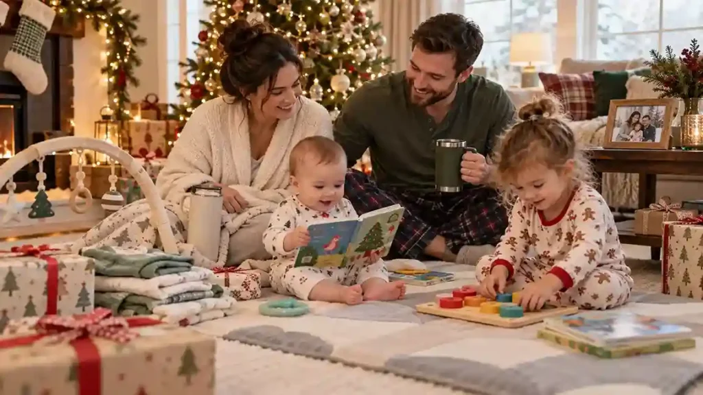 Family with a new baby and toddler opening practical Christmas gifts at home