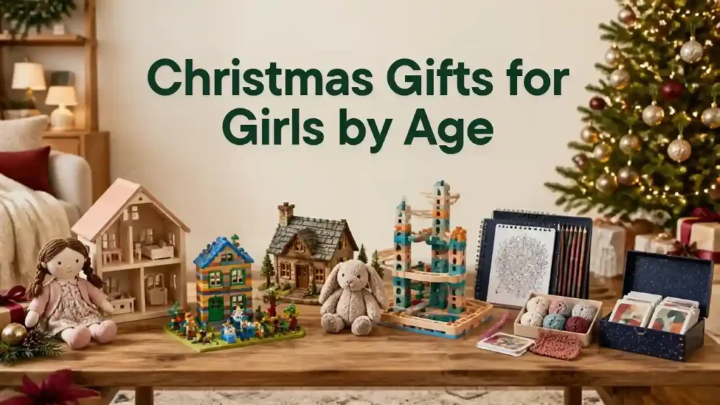 Christmas gifts for girls by age with dolls, building toys, art sets, craft kits, games and a cozy plush in a festive holiday setting