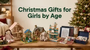 Christmas gifts for girls by age with dolls, building toys, art sets, craft kits, games and a cozy plush in a festive holiday setting