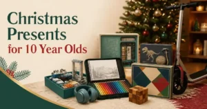 Christmas presents for 10 year olds with a building set, art supplies, card game, puzzle, scooter, headphones and science gift in a festive holiday setting