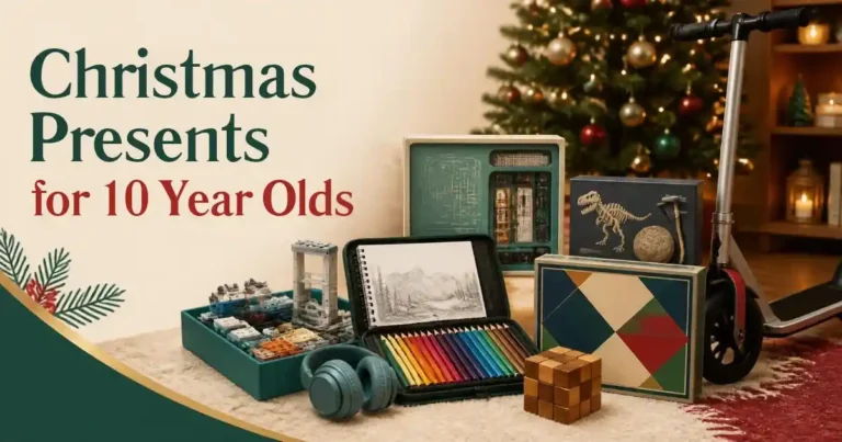 Christmas presents for 10 year olds with a building set, art supplies, card game, puzzle, scooter, headphones and science gift in a festive holiday setting