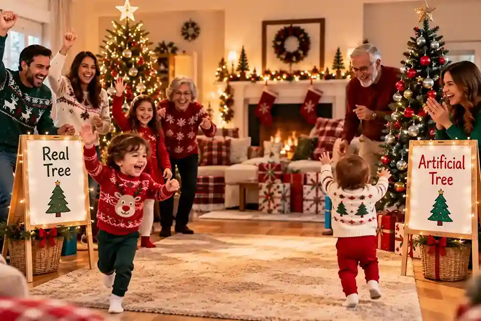 Family playing Christmas This or That with toddlers, children, parents, and grandparents choosing between a real tree and an artificial tree.