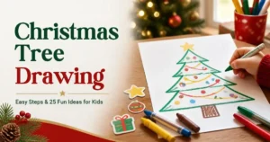 Christmas tree drawing for kids with a simple green tree, colorful ornaments, crayons, and a cozy holiday craft table