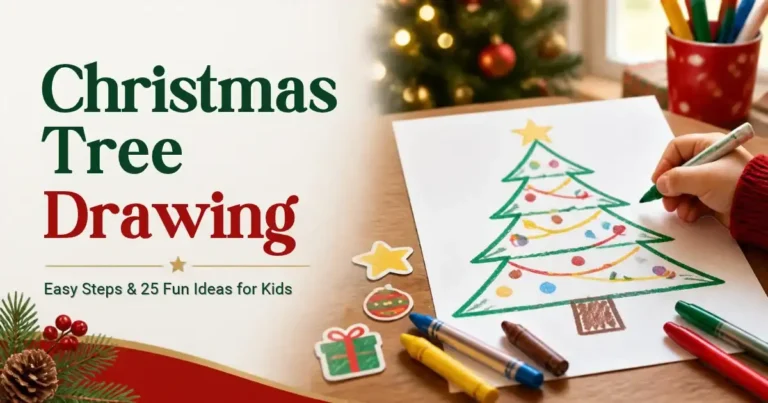 Christmas tree drawing for kids with a simple green tree, colorful ornaments, crayons, and a cozy holiday craft table