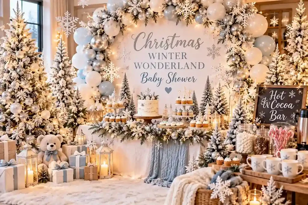A bright Christmas Winter Wonderland baby shower featuring flocked trees, silver ornaments, layered white and icy blue balloons, glowing snowflakes, wrapped gifts, a winter dessert table, and cozy holiday details for a clean, elegant seasonal look.