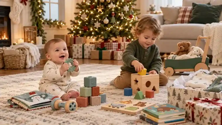 Baby and toddler playing with Christmas wishlist gifts including books, blocks, a shape sorter and teether