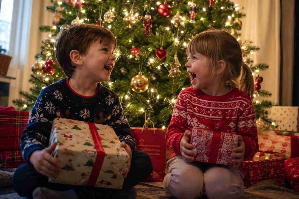 Two children in Christmas jumpers sitting under a decorated Christmas tree holding wrapped presents with excited expressions