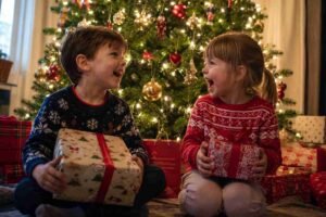 Two children in Christmas jumpers sitting under a decorated Christmas tree holding wrapped presents with excited expressions