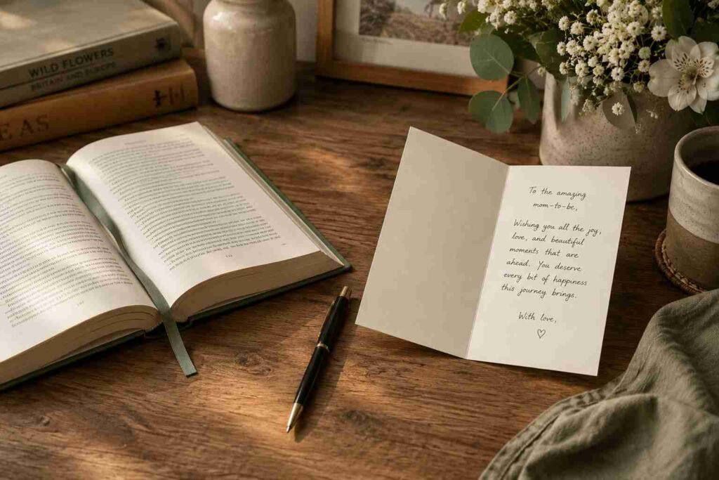 A small book of classic quotes open beside a baby shower card on a desk
