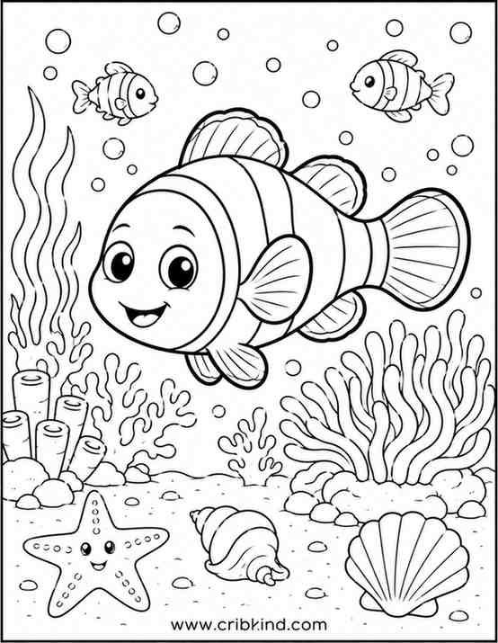 Cute clownfish coloring page featuring a smiling clownfish swimming underwater with coral reefs, sea anemones, bubbles, seashells, and a happy starfish.