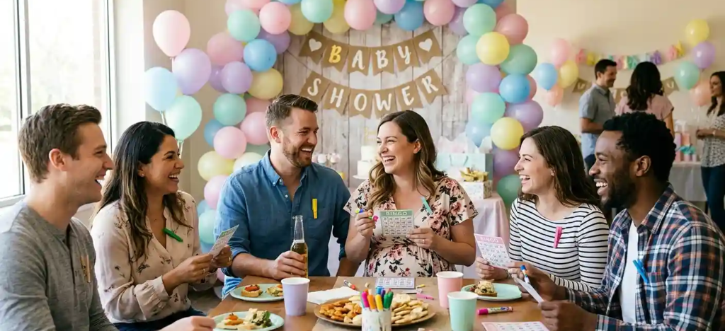 roup of men and women laughing together while playing coed baby shower games