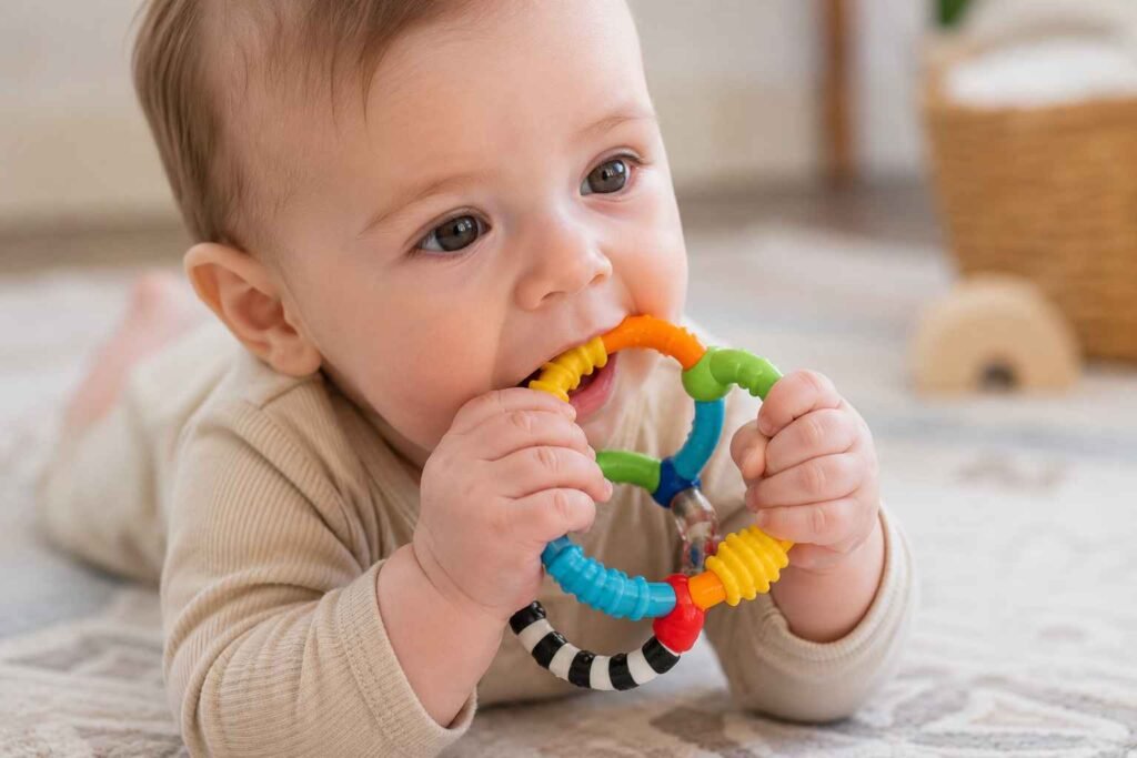 Baby holding and chewing a colorful sensory teething rattle designed to support grasping skills, sensory exploration, and early motor development.