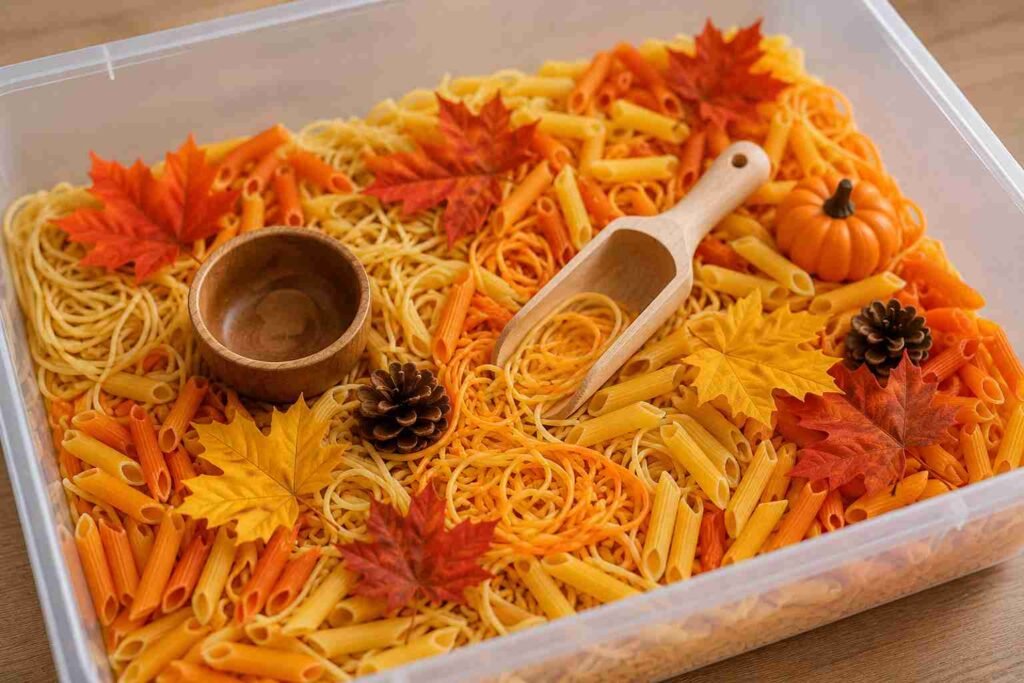 Fall sensory bin with cooked spaghetti and penne pasta in orange and yellow colors, wooden scoops, and autumn leaves for babies 6 to 12 months