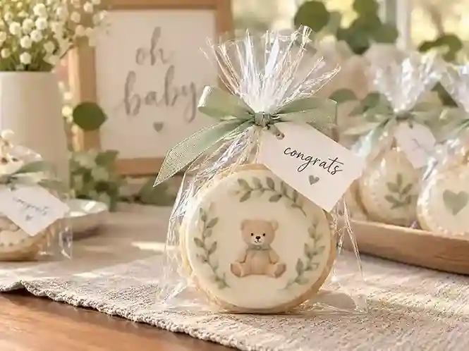 Baby shower prize cookie in a clear bag tied with a sage ribbon and a congrats tag