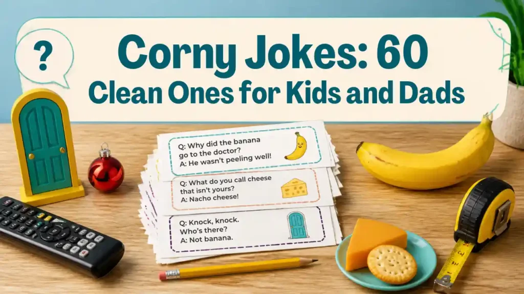 corny jokes banner with printable joke cards, banana, cheese, knock-knock props, Christmas ornament and dad-themed items