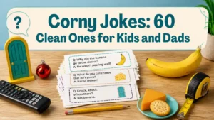 corny jokes banner with printable joke cards, banana, cheese, knock-knock props, Christmas ornament and dad-themed items