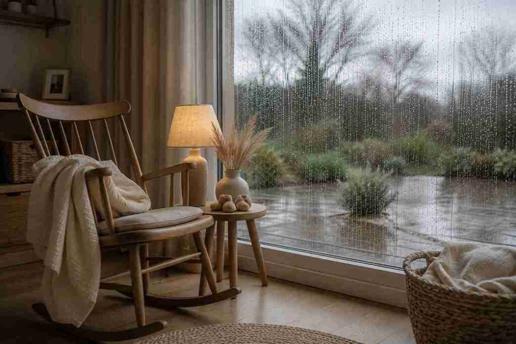 nursery corner with a wooden rocking chair beside a rain-covered window on a cozy rainy day.