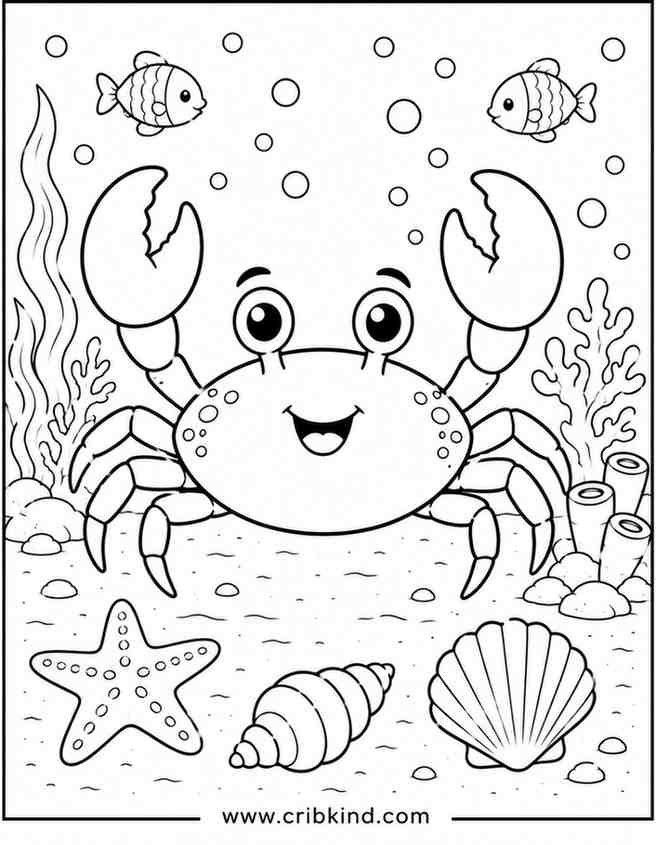 Cute crab coloring page featuring a smiling crab on the ocean floor surrounded by seashells, starfish, coral reefs, fish, bubbles, and underwater scenery.