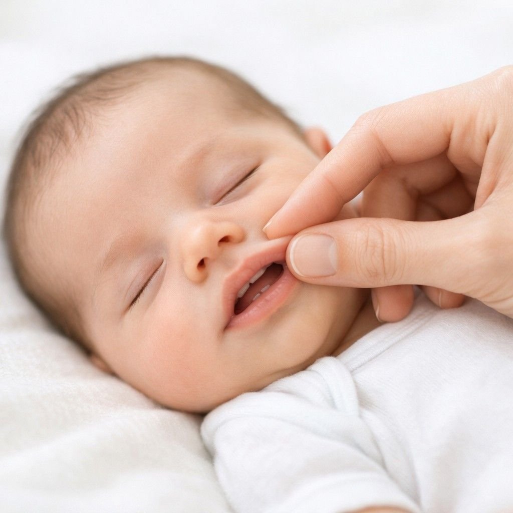 Close-up of infant upper lip showing Grade 3 lip tie with thick labial frenulum attachment at gum line, educational medical illustration for new parents