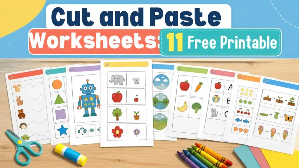 ut and paste worksheets with scissor practice, shapes, sorting, letters, counting, patterns and picture sequencing