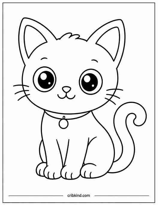 Cute black cat Halloween coloring page featuring a friendly cartoon cat with oversized round eyes, a curled tail, bold outlines, and simple printable design for toddlers and preschoolers.